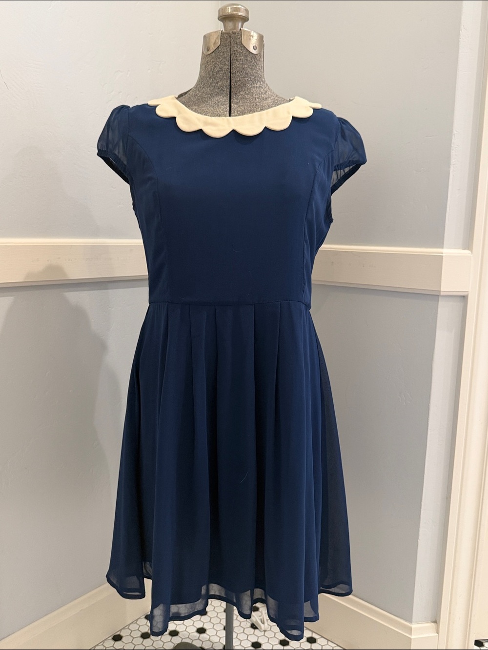 Women's Navy Dress with Cream Scallop Collar